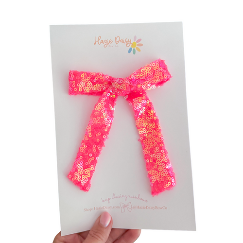 Neon Pink Sequins Skinny Bow