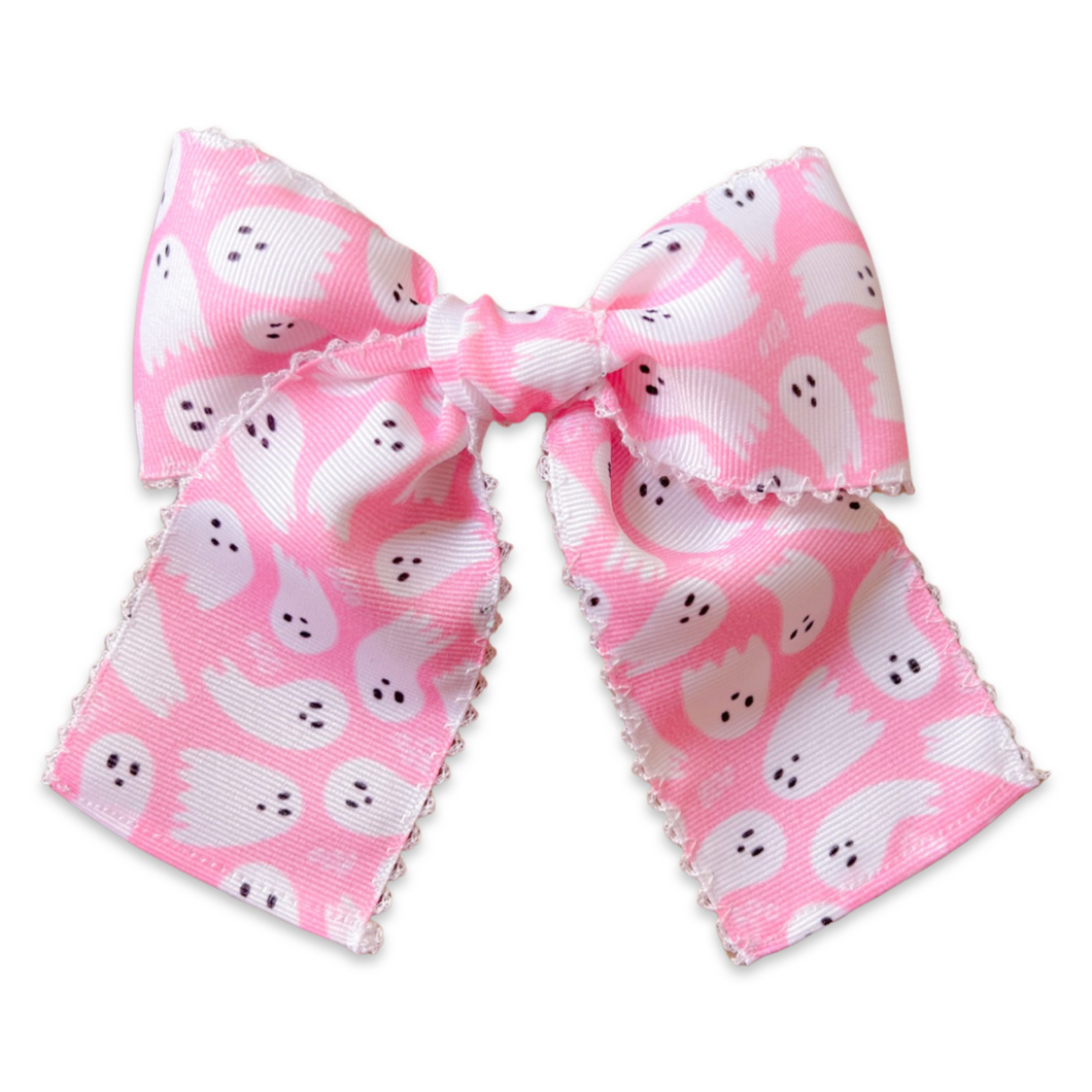 Pink Ghosts Scalloped Ribbon Bow ~ Long Style