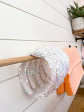 Load image into Gallery viewer, Iridescent White Sequin Knotted Headband
